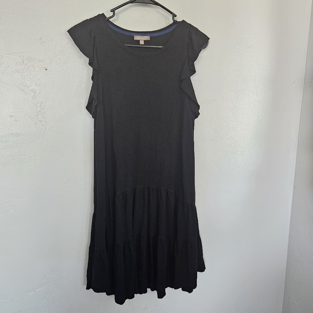Lilla P Women's Small Black Tiered Ruffle Sundress Short Sleeve LBD Night Out